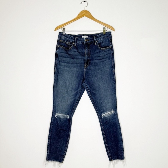Good American Good Waist Crop Jeans Blue678 Distressed Raw Hem Size 15 - Picture 1 of 7